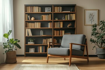 Fototapeta premium Wooden bookshelf and armchair positioned in a Scandinavian interior design for a modern living room, providing functionality and style, Generative AI