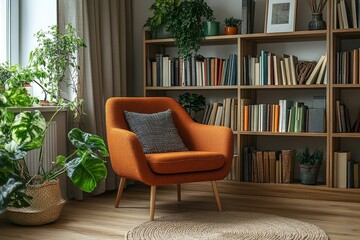 Wooden bookshelf and armchair positioned in a Scandinavian interior design for a modern living room, providing functionality and style, Generative AI