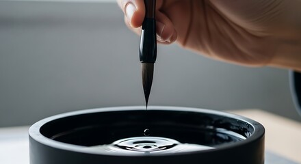 Ink Drop Calligraphy Artist Dipping Brush in Inkwell