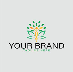 A logo design featuring a stylized person rising from a tree of life