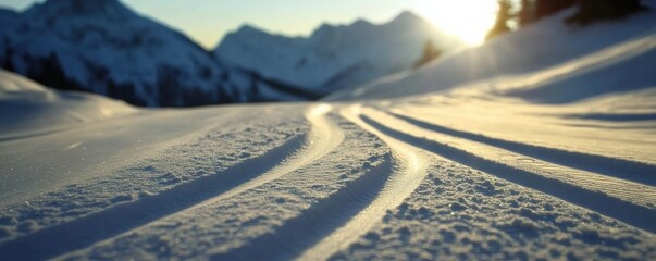 Snowy Mountain Range Landscape with Clear Sky and Bright Sun, Pristine cross-country ski tracks lead into