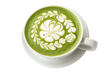 Green matcha latte with white foam art in a white cup green drink latte art