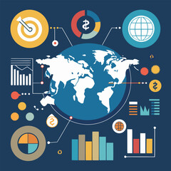 An infographic representing global financial data with charts graphs world map and economic concepts against a navy blue background.