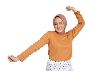 Relaxed young Muslim woman in hijab smiling with eyes closed and stretching arms isolated on transparent background