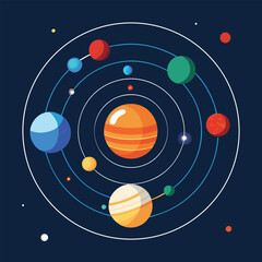 Colorful artistic illustration of the solar system with planets orbiting the sun depicted in a simplified vector design