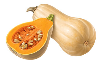 Whole and halved butternut squash with vibrant orange flesh and seeds whole squash halved squash