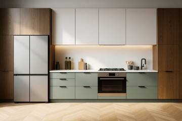 Fototapeta premium Modern minimalist kitchen interior with wooden and matte cabinets, soft lighting, and clean design in contemporary home decor style.