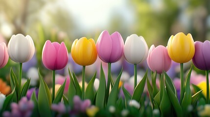 Garden with vibrant tulips in a range of colors, touched by soft spring rays, petals shining under sunlight, creating a colorful sea in the flower beds.