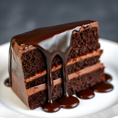 Delicious Chocolate Cake Slice – Sweet Dessert with Cream and Icing Isolated on White Background

