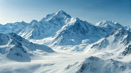 Obraz premium Panoramic winter mountain landscape with snow-covered peaks under a vast sky, capturing the serene beauty of the Alps