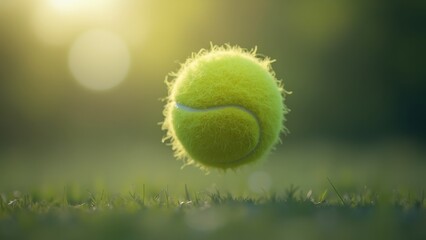 Green tennis ball flying across tennis court