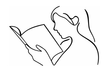 Woman reading a book with flowing hair open book profile