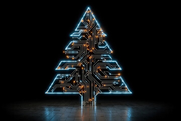 3d render of a futuristic circuit board christmas tree with blue glowing lights