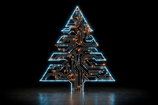 3d render of a futuristic circuit board christmas tree with blue glowing lights
