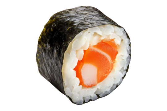 Sushi roll Maki with salmon, avocado, cucumber and rice wrapped in seaweed, isolated on white transparent background, concept of Japanese cuisine