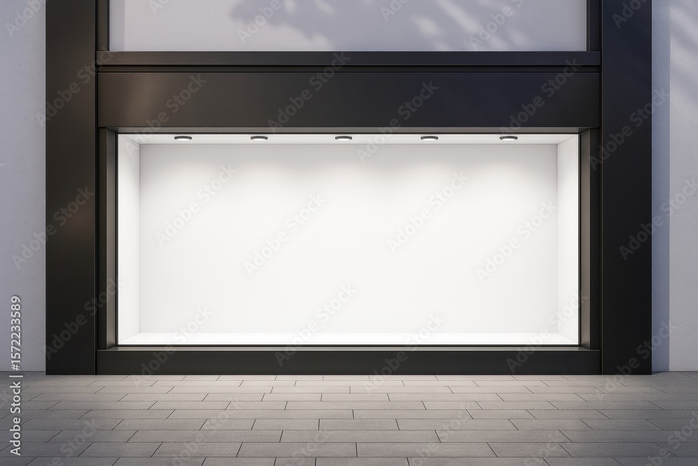 Aufkleber Empty modern display window with black frame and white illuminated background on tiled floor for branding and advertising mockup concept.