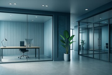 Modern office interior with glass walls, minimalist furniture, and decorative plants in a sleek, contemporary workspace setting. Ai generative.