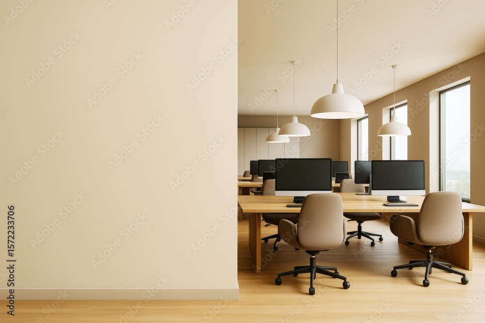 Poster Modern office interior with blank wall and rows of computer desks under pendant lights in clean contemporary workspace. Ai generative.