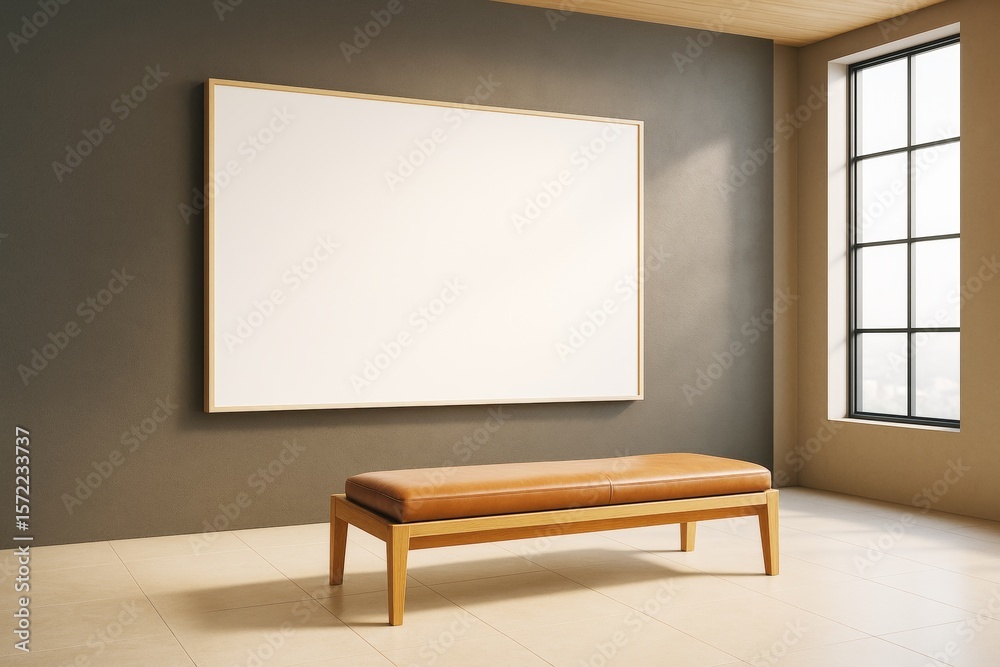 Poster Blank horizontal frame on dark wall in modern interior with bench and large window in natural light for branding or artwork presentation concept.