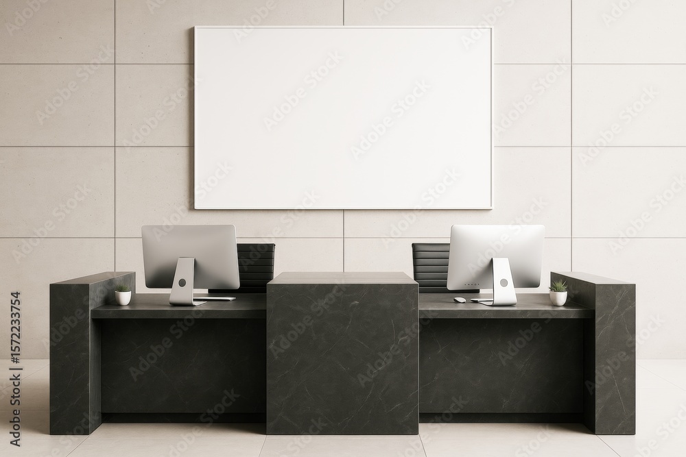 Poster Contemporary office reception desk with blank white frame on wall in modern interior space with computers and minimal decor for branding mockup.