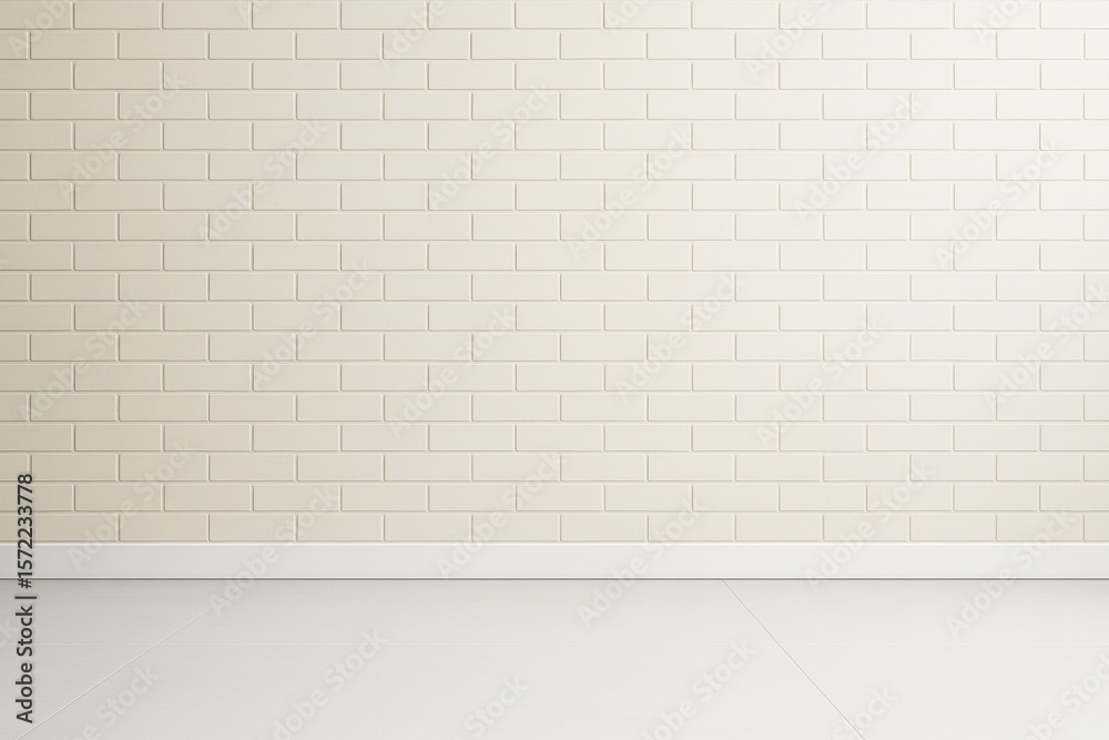 Poster Minimalist empty light room with white brick wall and tiled floor interior, ideal for mockup, branding or design template background concept.