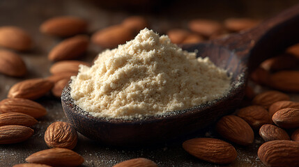Closeup Almond Flour in Spoon with Whole Almonds Around It