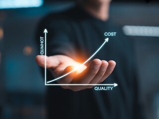 Person holding upward trending cost quality graph with glowing light business chart