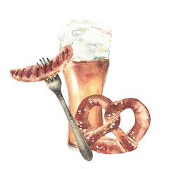 Pint, glass of Beer with pretzel and sausage on fork. Drink and food at Bavarian festival. Watercolor hand drawn illustration. Germany realistic sketch for card, menu isolated from background clipart.