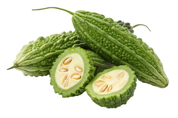Three fresh vibrant green bumpy gourds with seeds bitter melon organic