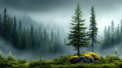 Foggy morning in the forest with trees emerging from mist, soft fog winding through pine trunks, creating an eerie, quiet atmosphere with faint outlines of trees in pale light.