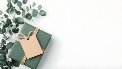 Top view of a holiday gift box with a green plant and tag on a clean white background. Perfect for minimalist promotions or seasonal banners.

