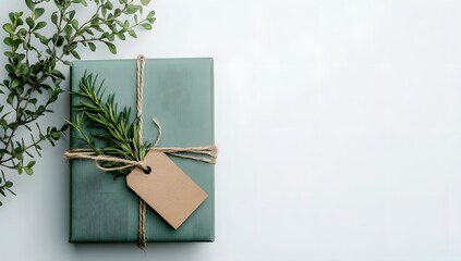 Flat lay of a green gift box with a brown tag and green plant on white background. Minimal holiday banner with copy space and natural light.

