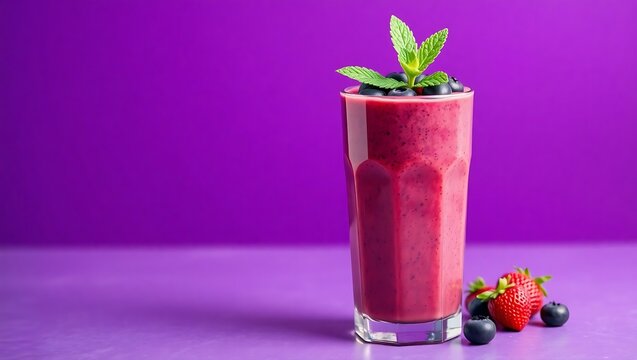Berry smoothie in a tall glass, topped with blueberries and mint, vivid purple gradient background for ad use
