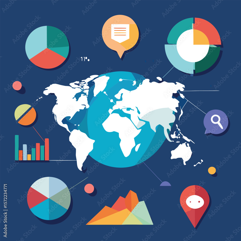 Aufkleber vector illustration of a globe surrounded by charts and graphs representing data analysis and inform