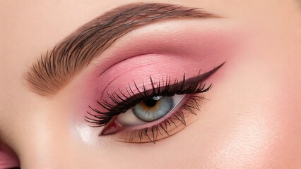 Obraz premium Close-up of a woman's eye with soft pink eyeshadow, defined brows, and winged eyeliner.