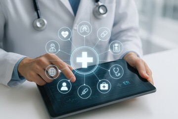 Doctor using Digital Tablet: A close-up shot of a doctor's hands interacting with a digital tablet displaying medical icons, symbolizing healthcare technology and innovation.