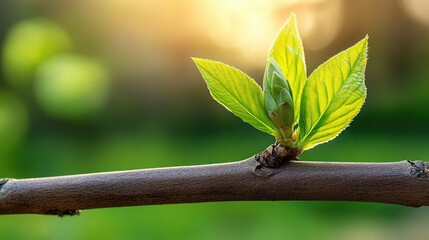 Tree twigs with new green buds and small leaves glowing under gentle yellow morning light.