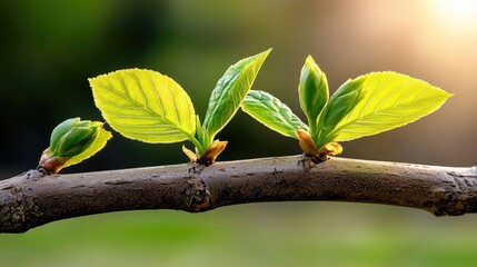 Small fresh buds and young leaves in soft sunlight on alder twigs in a blooming forest.
