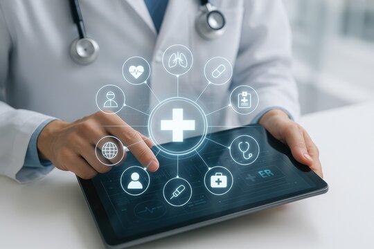 Doctor using Digital Tablet: A close-up shot of a doctor's hands interacting with a digital tablet displaying medical icons, symbolizing healthcare technology and innovation.