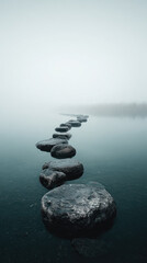 Guided meditation journey across tranquil stone pathway serene water body photo misty atmosphere ground level reflection on nature's calmness