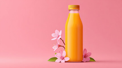 Refreshing orange juice bottle surrounded by pink blossoms vibrant background drink photography bright and cheerful environment close-up view beverage concept