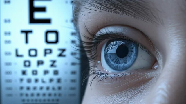 Closeup human eye looking at eye exam chart focus on vision care medical imagery