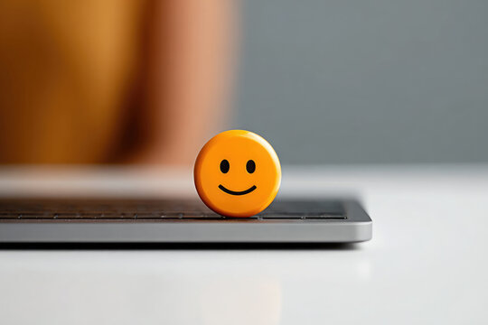 Cheerful smile icon on laptop keyboard modern workspace digital content bright environment close-up view positive vibe for productivity boost