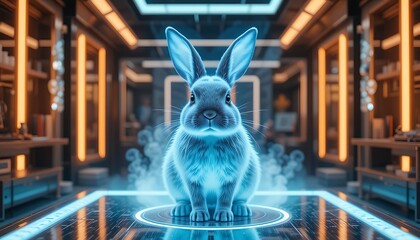 A digital art image of a rabbit (Holland Lop) with prominent earsdramatically outlined by vibrant red and blue neon lights, set against a dark, moody background. 