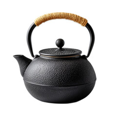Elegant Black Kettle with Textured Surface and Woven Handle, Isolated on White Background for Culinary Use or Styling