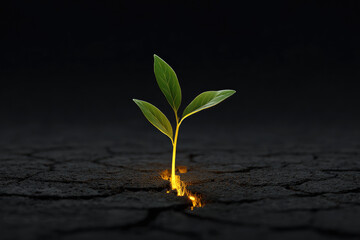 Resilient seedling breaking through cracked soil nature scene close-up photography dark background concept of hope and growth