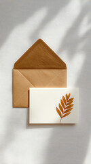 Elegant leaf design on minimalist card and envelope modern workspace photography calm environment top-down view creative inspiration