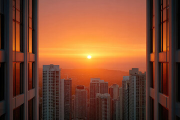 Sunset over city skyline urban landscape photography evening light aerial view urban development