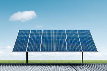 Solar energy installation open field photovoltaic panels clear sky ground level renewable energy solution