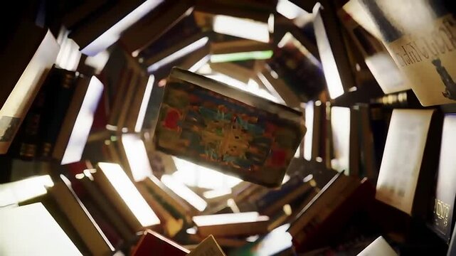 A maze of books, with one book flying out of the pile